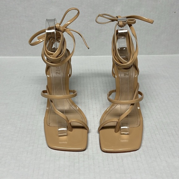 Schutz lily patent leather Nude Lace-Up toe strap Heels Strappy square Toe Sz 7 - Picture 2 of 16